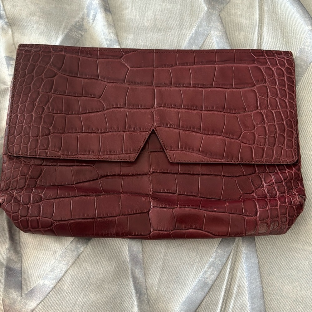Vince red leather snakeskin clutch